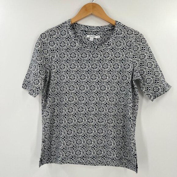 Chico's Size 0 (S/4-6) Blue White Medallion Top Short Sleeve Tee Coastal - Picture 1 of 8